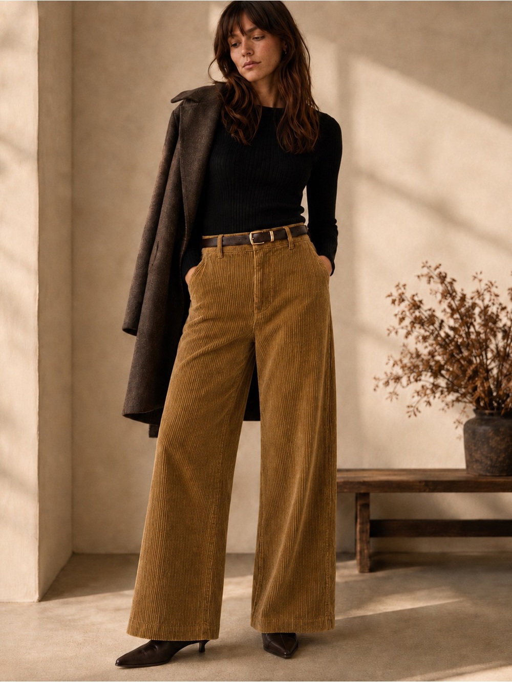 Frank And Oak Annie Corduroy Pants Size 0 Camel Brown Wide Leg Organic Cotton